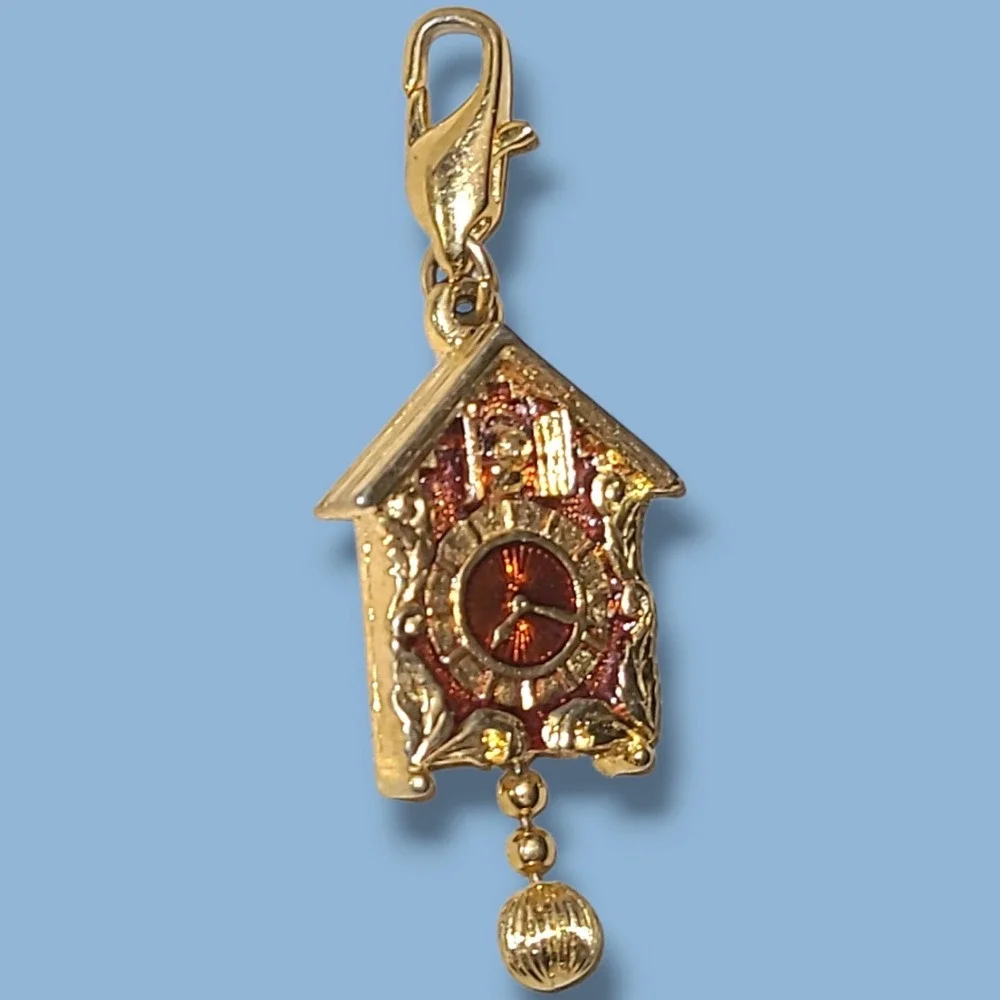 Vintage Clip-on Cuckoo Clock Charm Gold Tone Brown Enamel